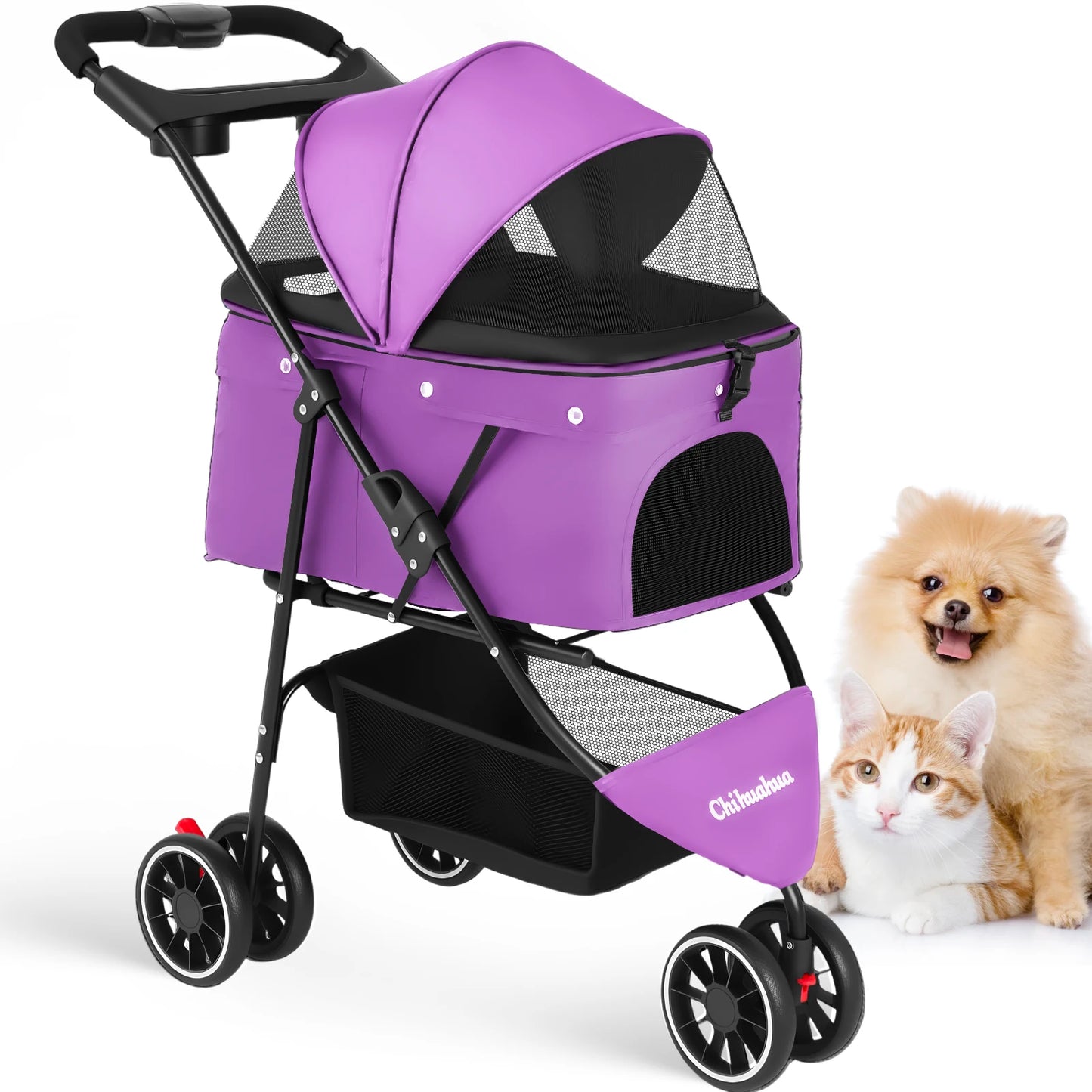 Chihuahua Pet Stroller Three Wheel Foldable With Breathable Mesh Canopy