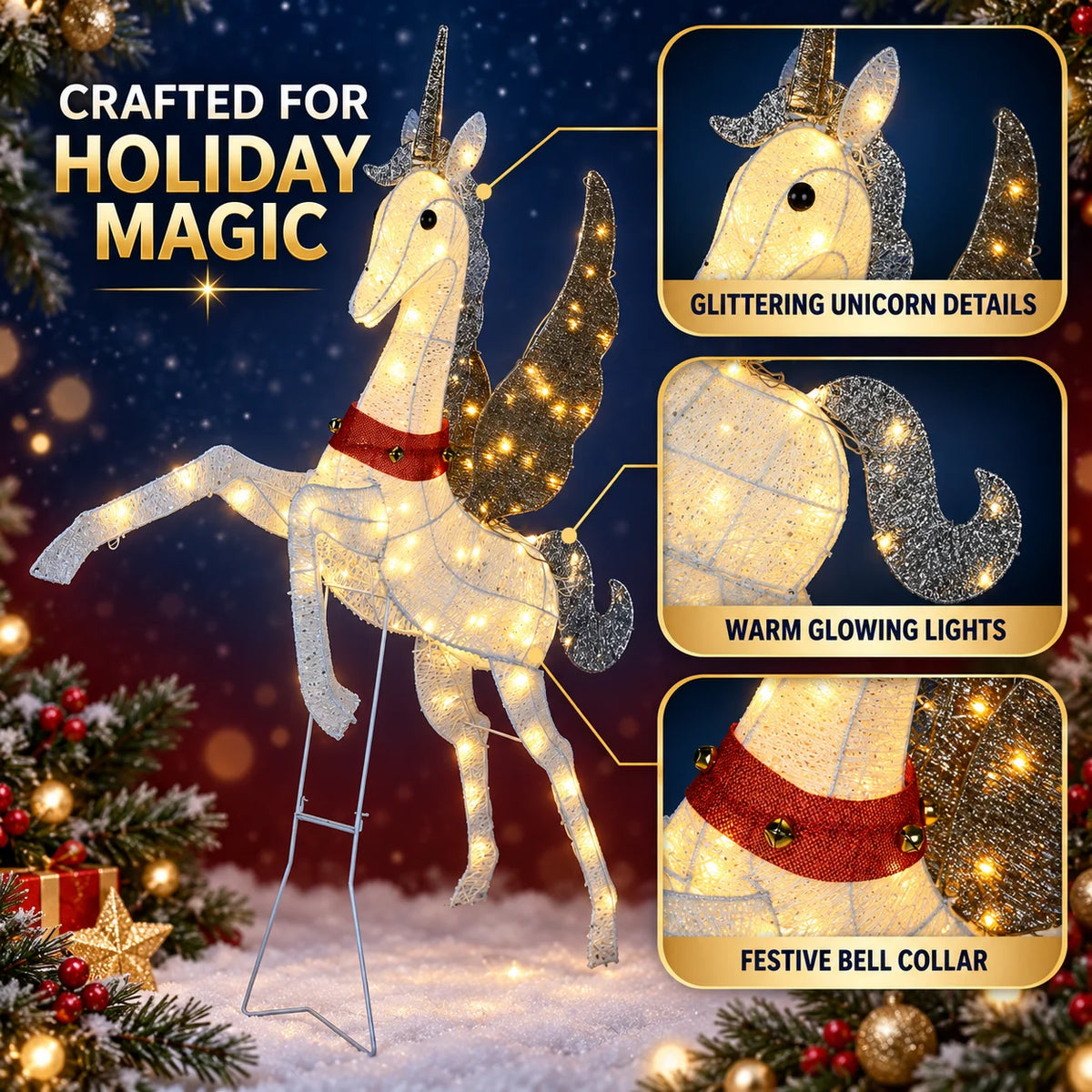3D Lighted Unicorn Holiday Decoration With Warm White Lights