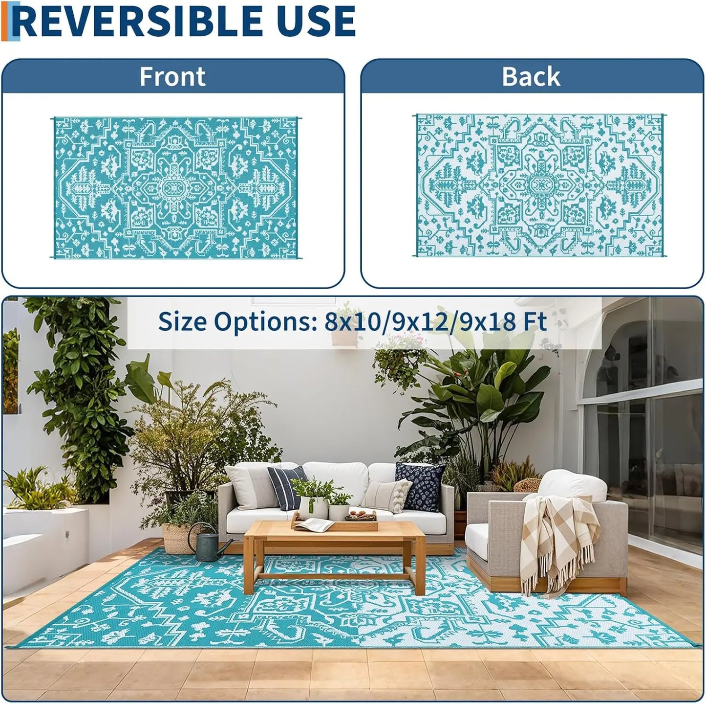 Waterproof Outdoor Area Rug Stain-Resistant Plastic Straw Carpet Easy-Cleaning Indoor Outdoor RV Mat for Deck Camping Balcony