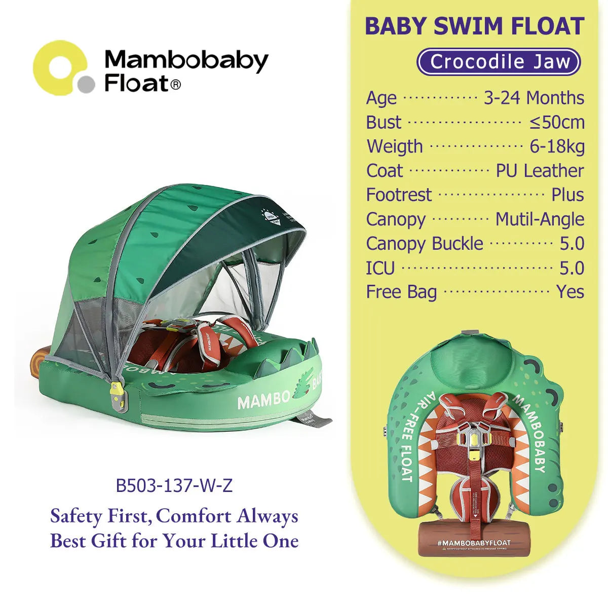 Mambobaby Float Safe Solid Core Comfort Skin-friendly Design with Canopy Baby Swimming Ring Toddler Pool Float Infant Water Ring