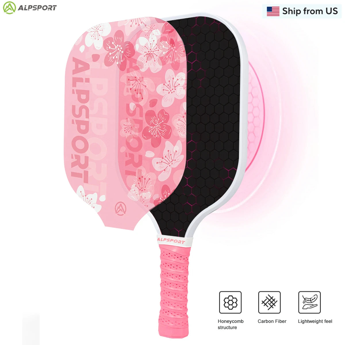 ALPSPORT Sakura USAPA Pickleball Paddle Women's T700 With 2 Free Balls Carbon Fiber Beginner-Friendly Pro Training Set Pink