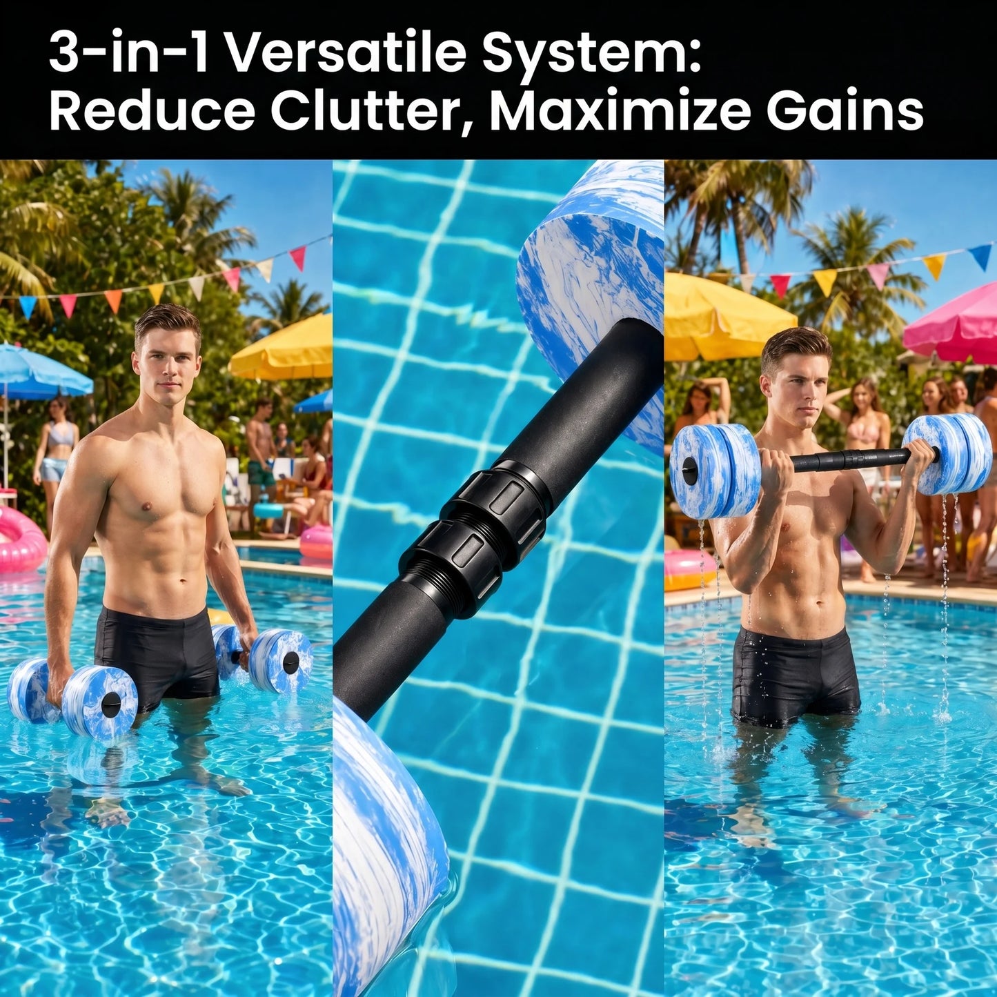HAPBEAR 3-in-1 Aquatic Exercise Dumbbells, Adjustable Water Weights for Pool Exercise, High-Density EVA Foam Barbell for Water Aerobics Equipment, Physical Therapy & Joint-Friendly Strength Training