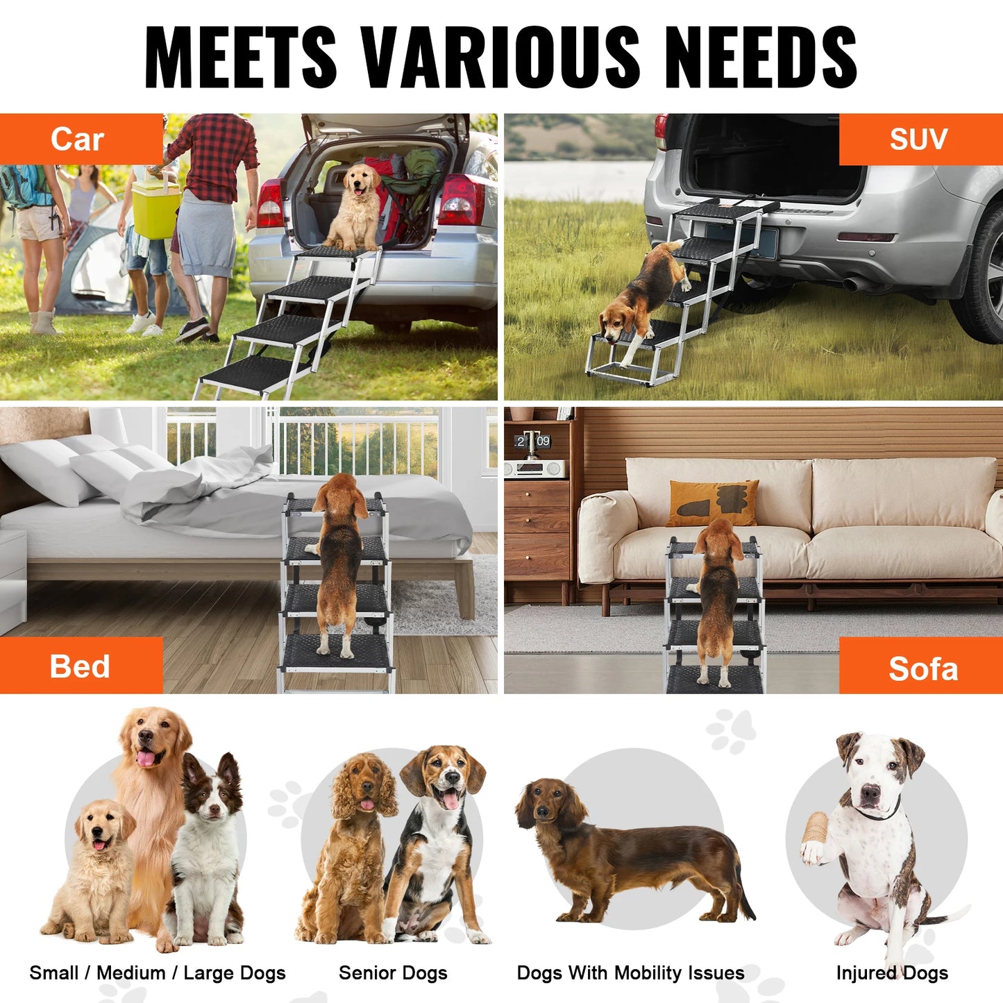 SucceBuy Dog Car Steps Folding Portable Pet Stair Aluminum 150Lbs