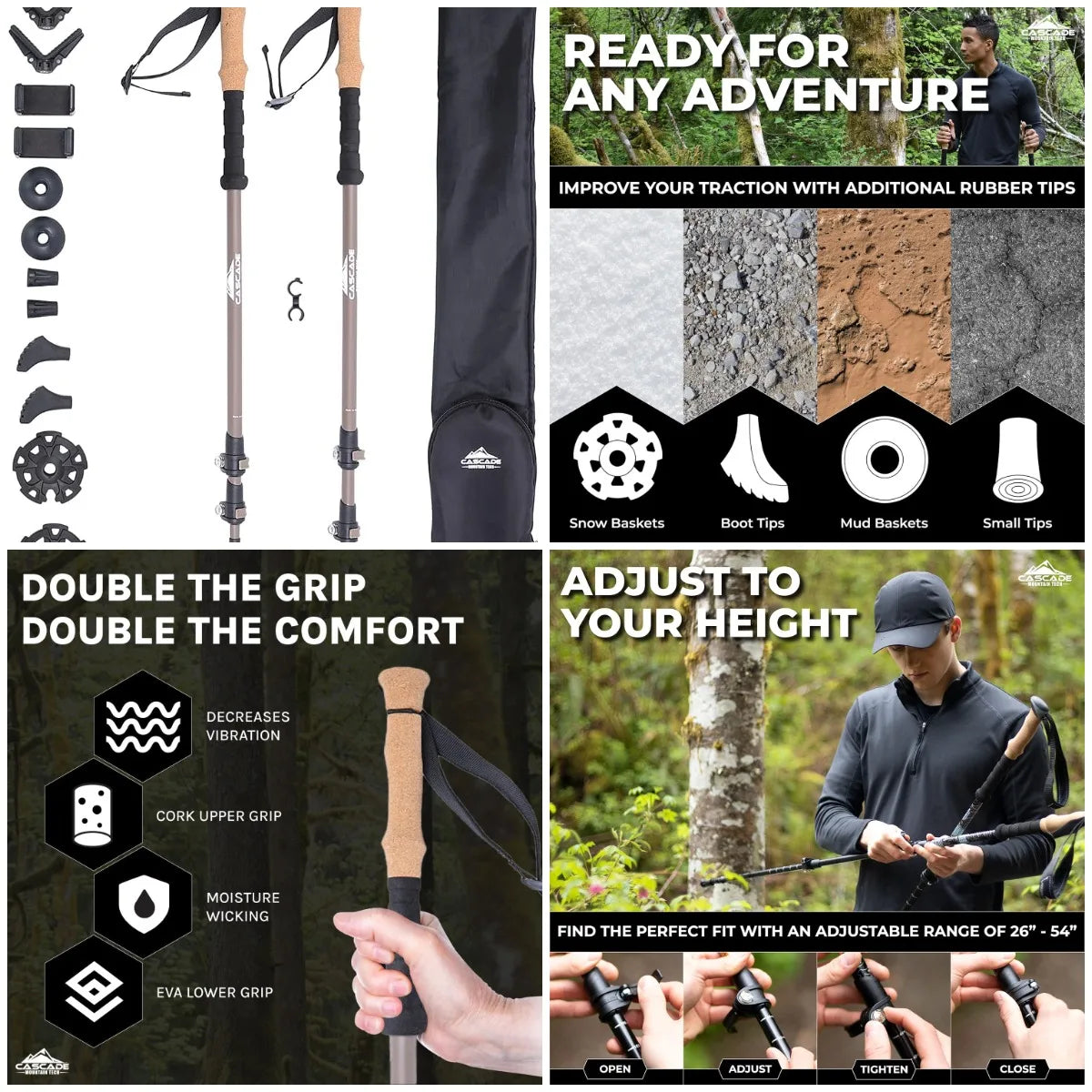 Trekking Poles - Carbon Fiber Monopod Walking or Hiking Sticks with with Accessories Mount and Adjustable Quick Locks