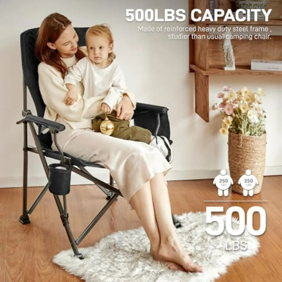 Oversized Folding Camping Chair for Adults with Adjustable Lumbar Support, Heavy Duty Chair with Side Pockets, Portable Collaps