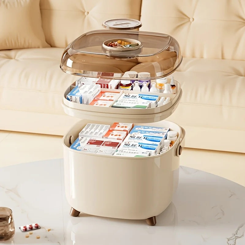 Double Layer Family Medicine Storage Box, Cream Portable First Aid Kit with Transparent Lid