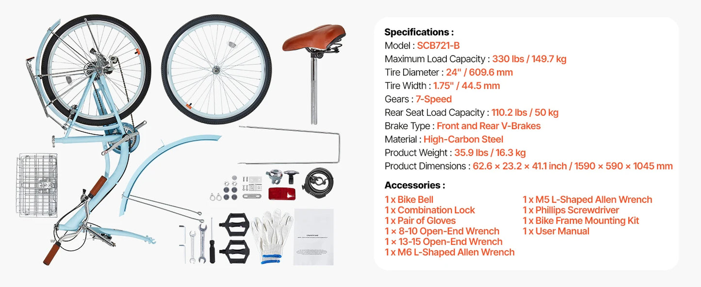 SucceBuy Steel Beach Cruiser Bike With Basket And Rear Rack