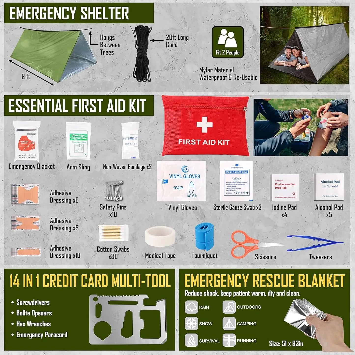 Emergency Survival Kit With First Aid Axe Headlamp Crossbody Bag Outdoors