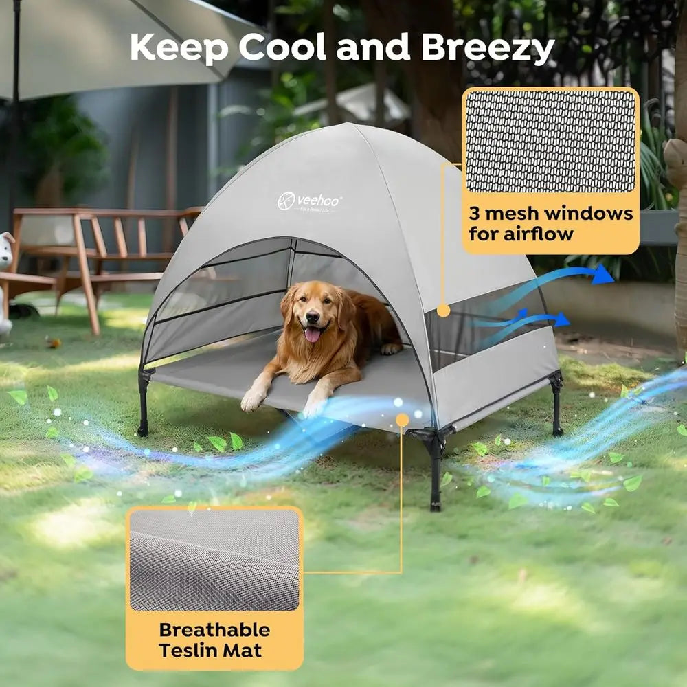 Outdoor Dog Bed, Cooling Elevated Pet Cot, Removable Shade, Non-Slip Feet, Raised Dog Cot, Large Dogs, Pet Tent Bed, Camping, Be