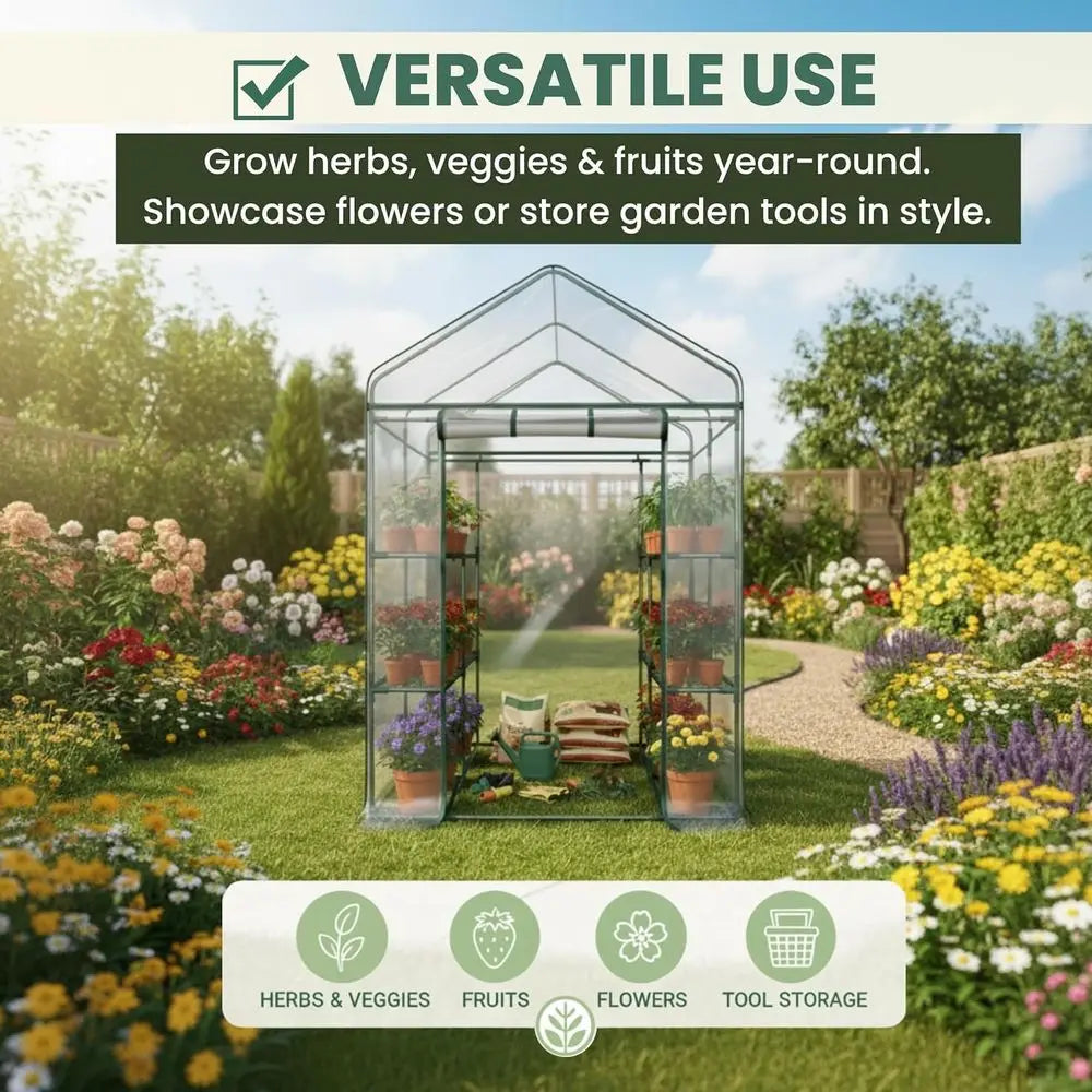 Walk In Greenhouse With Eight Shelves And PVC Cover
