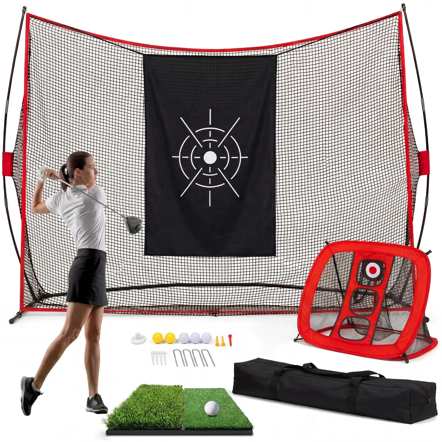 10x7ft Golf Net, Durable 5-Layer Golf Practice Net with Chipping Goal, Upgraded Poles, Mat, Balls, Tees & Carry Bag, Golf Hitting Net for Backyard Driving Real Golf Balls, Indoor Outdoor Golf Nets