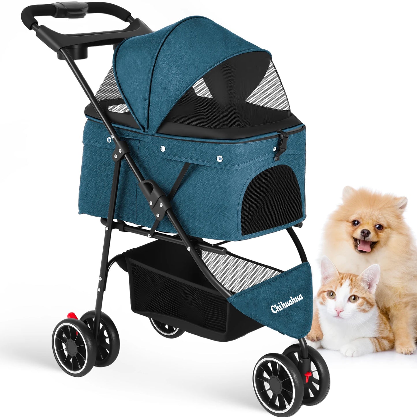 Chihuahua Pet Stroller Three Wheel Foldable With Breathable Mesh Canopy