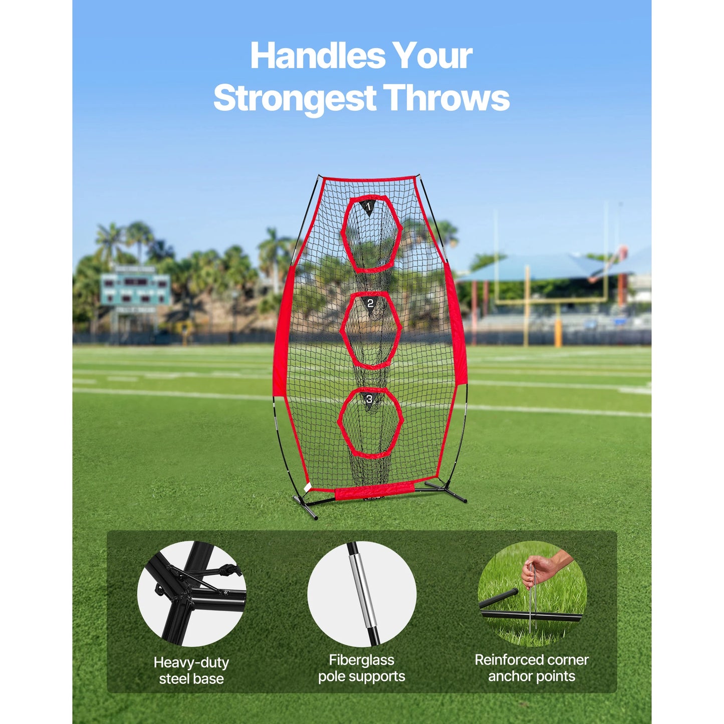 SucceBuy 8 x 4 inch Football Trainer Throwing Net with 5 Target Pockets Knotless Net Includes Straps and Portable Carry Case Red