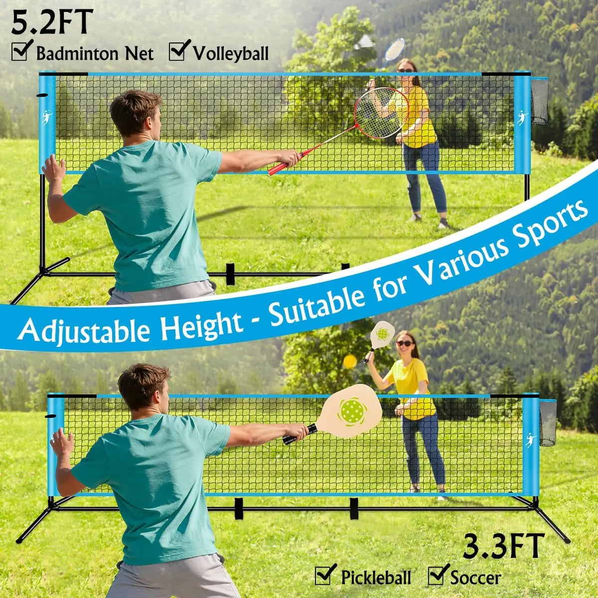 3-in-1 Pickleball Badminton Volleyball Net Set for Backyard, Portable with Adjustable Height, Paddles & Rackets