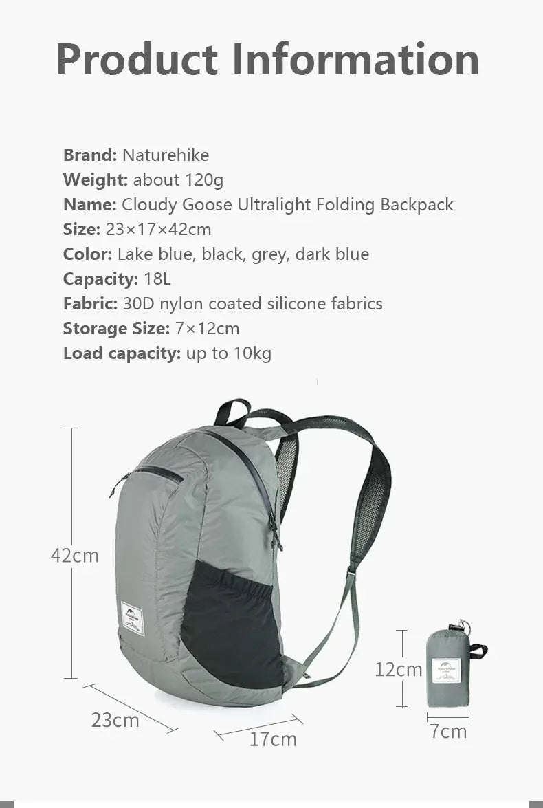 Naturehike Backpack 18L Black Ultralight Outdoor Waterproof Folding Backpack for Men Women‘s Bag Camping Hiking Shoulder Bag