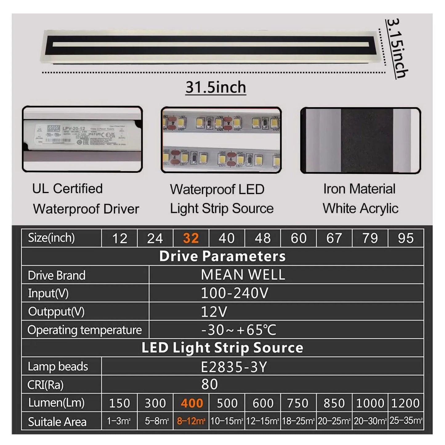 Outdoor Long Strip Modern LED Wall Lighting Fixture Lamps,Wall Sconce Fixture Wall lamp Elegant Frosted White Acrylic IP67 Anti