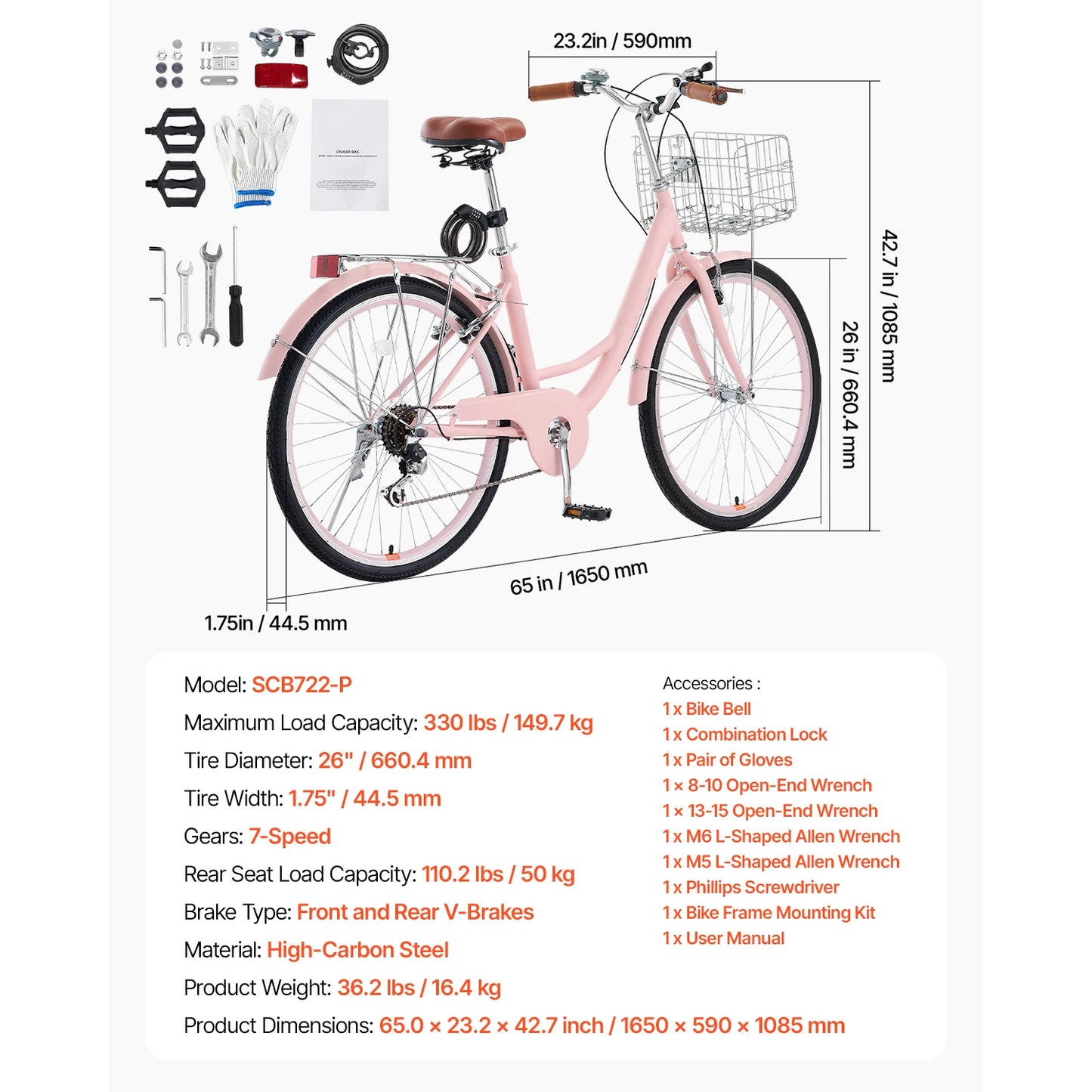 SucceBuy Steel Beach Cruiser Bike With Basket And Rear Rack