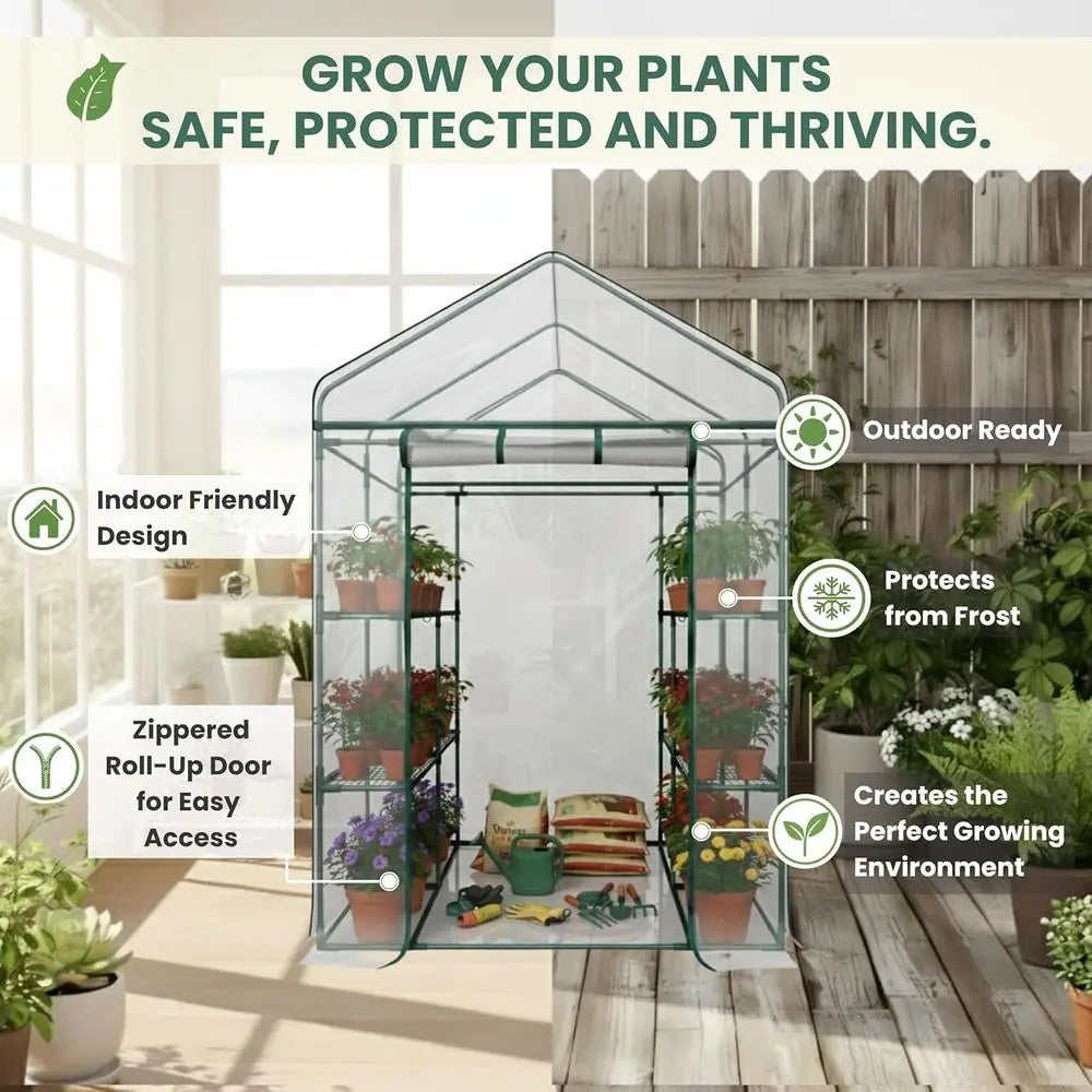 Walk In Greenhouse With Eight Shelves And PVC Cover