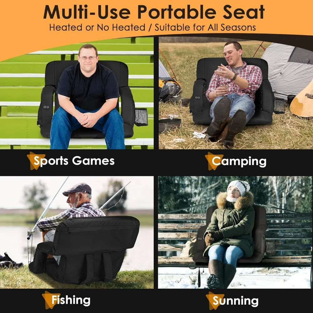 Dual-Sided Heated Stadium Seat with Back Support, 3 Heat Levels, Portable Folding Chair for Outdoor Bleachers