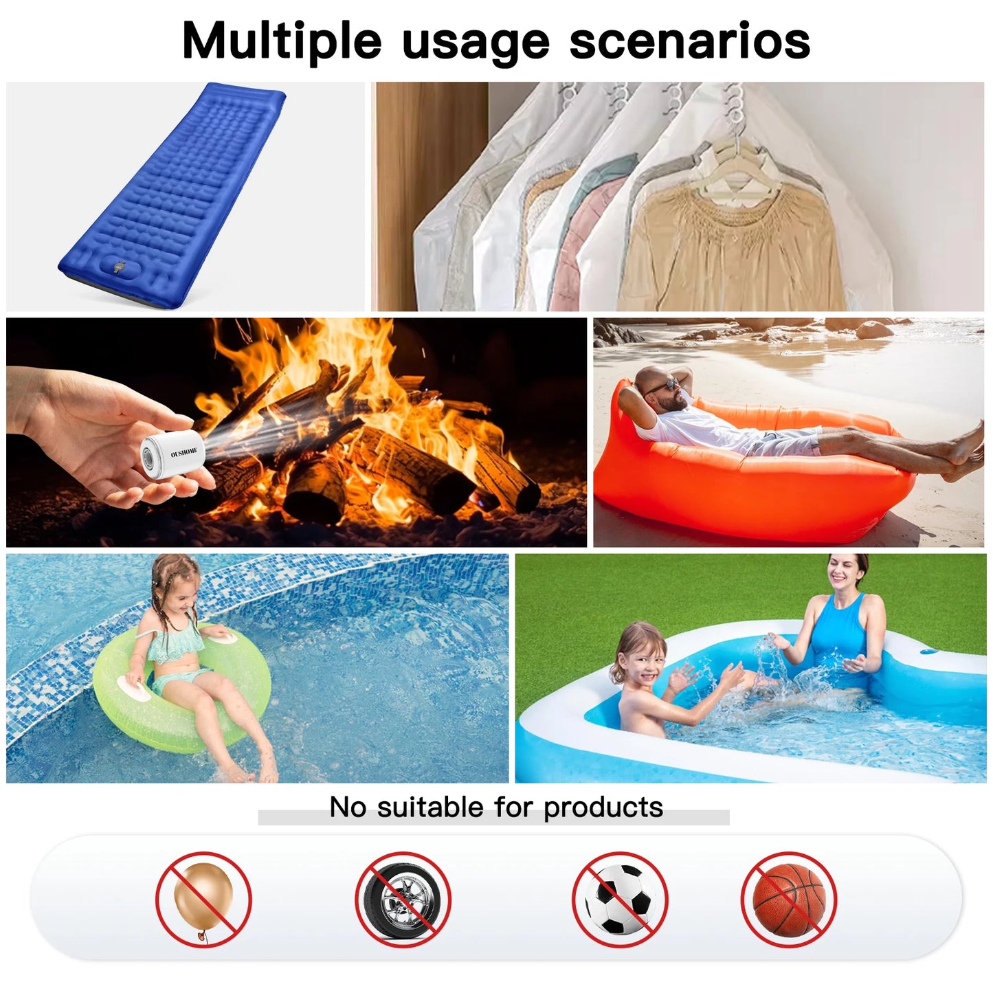 Portable Air Pump For Inflatables With Camping Light USB Rechargeable