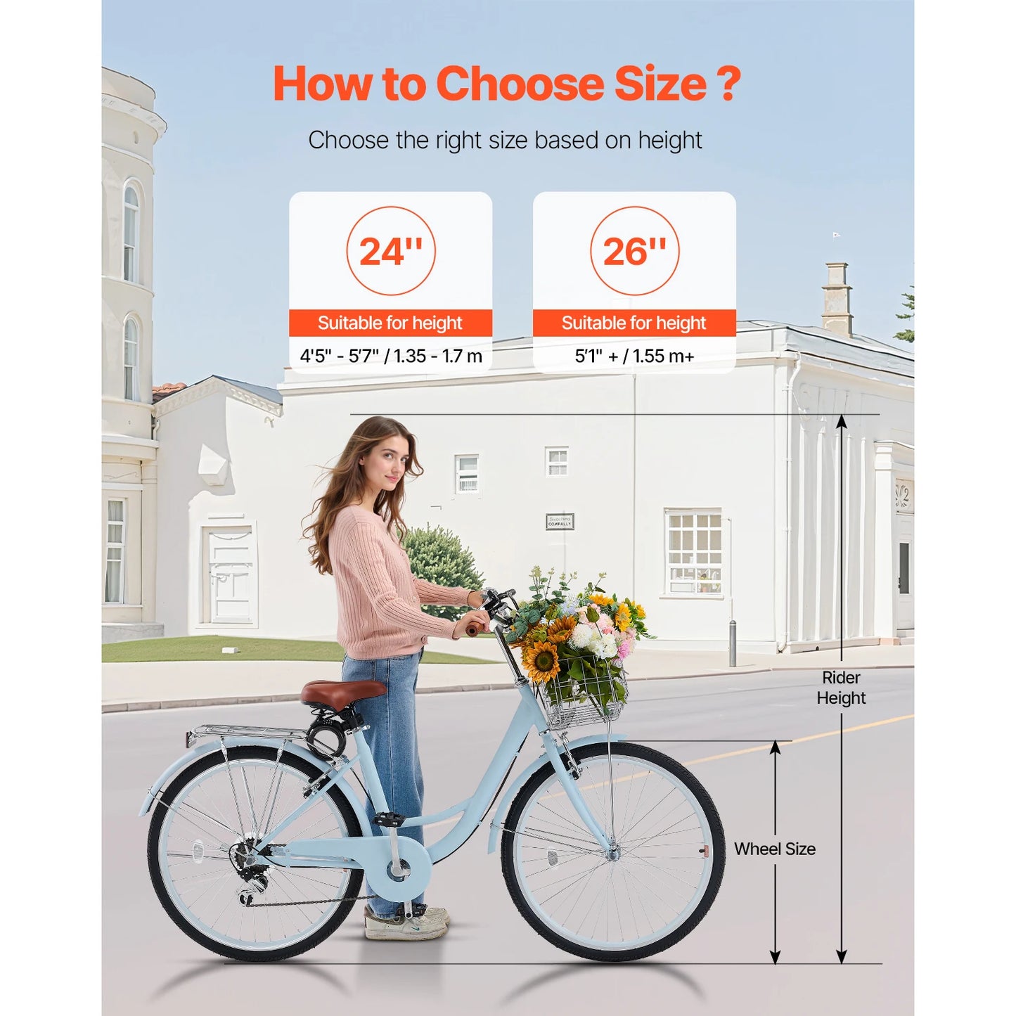 SucceBuy Steel Beach Cruiser Bike With Basket And Rear Rack