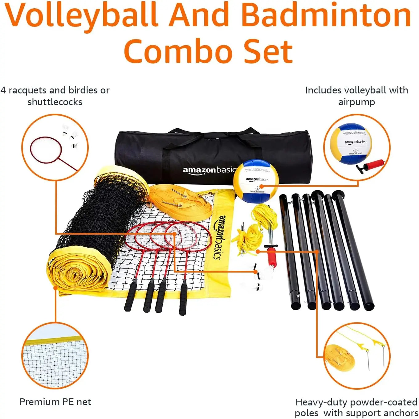 Portable Outdoor Volleyball & Badminton Combo Set with Poles & Bag
