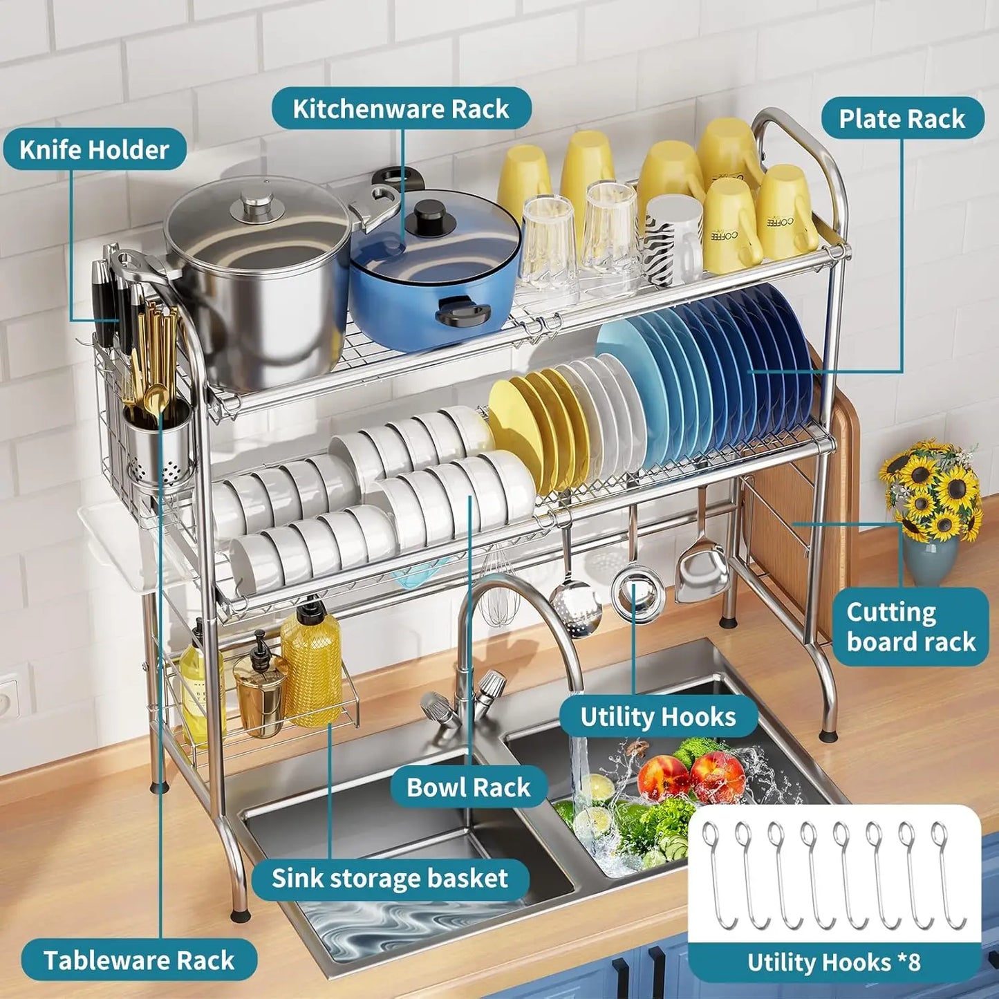 Stainless Steel Over Sink Dish Drying Rack with Utensil Holder, Large Capacity for Kitchen Counter
