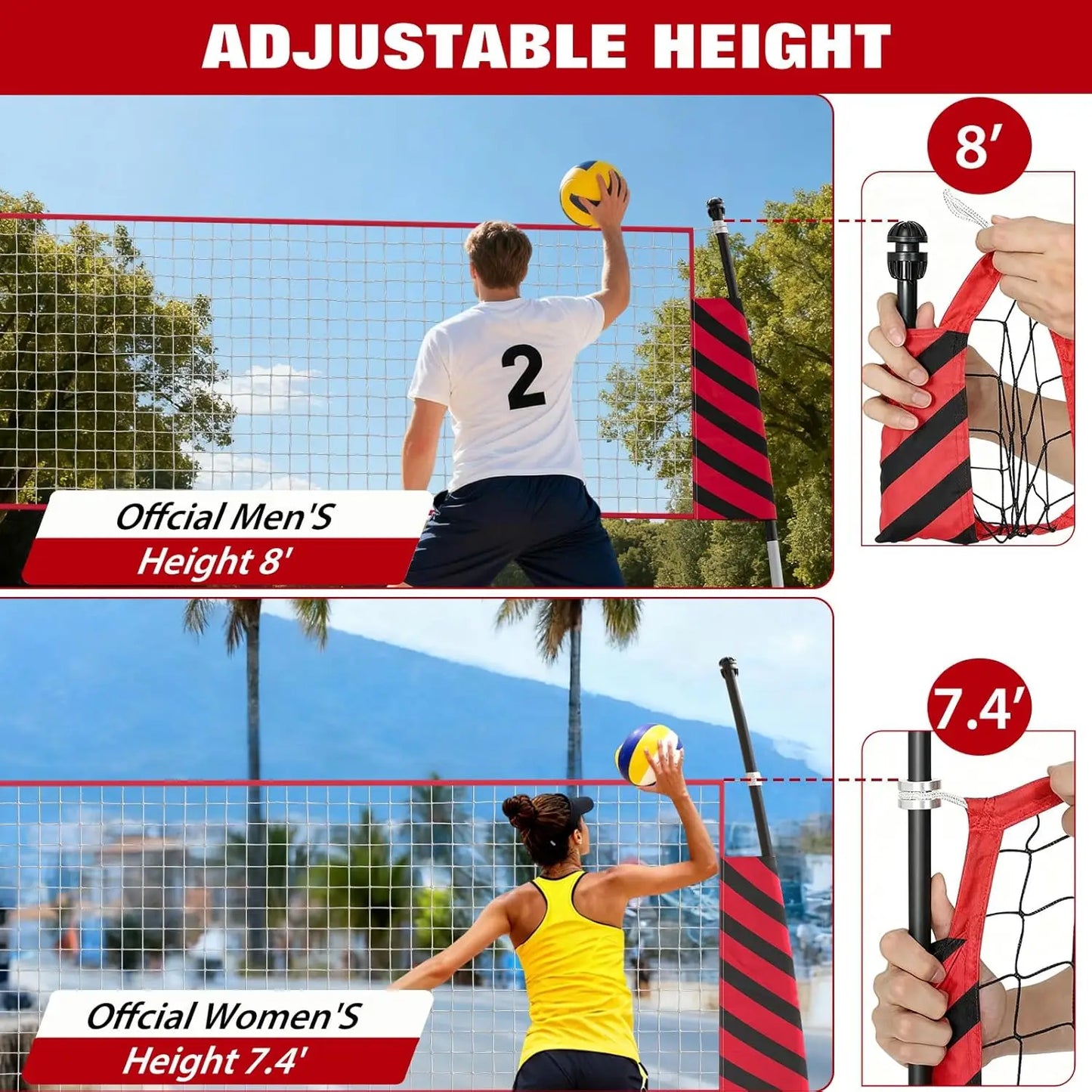 12FT Adjustable Volleyball Net Portable Freestanding Quick Setup Fiberglass Poles Regulation Height Backyard Beach Indoor