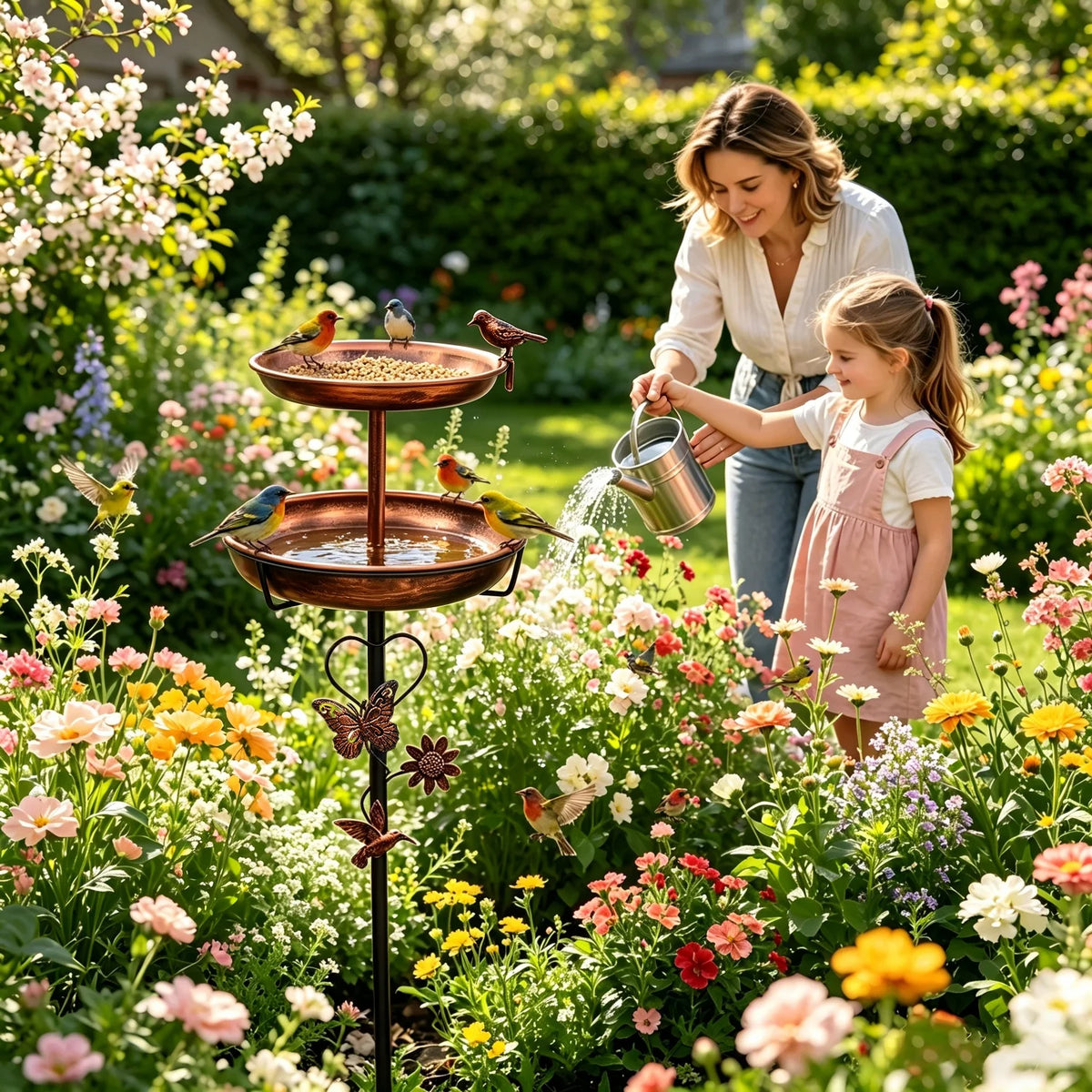 Double Layer Metal Bird Bath Stand with Five Prong Base
