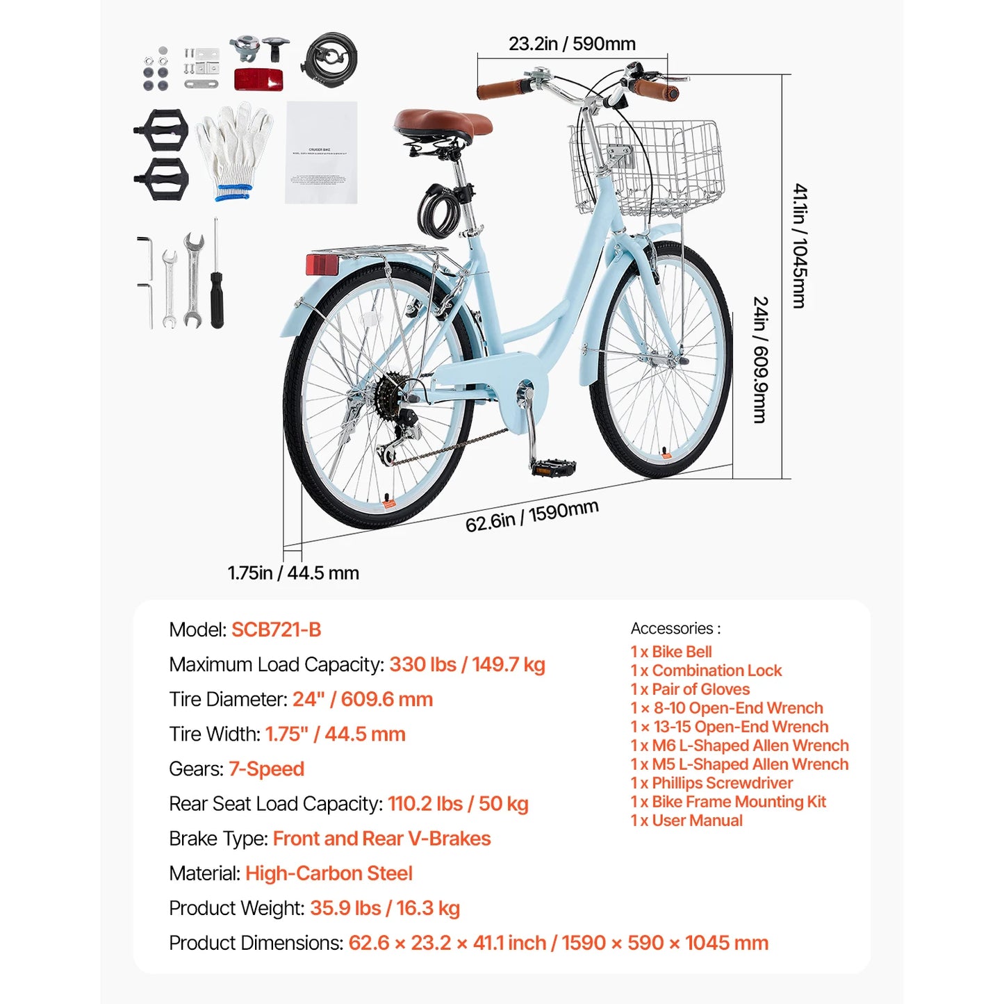 SucceBuy Steel Beach Cruiser Bike With Basket And Rear Rack