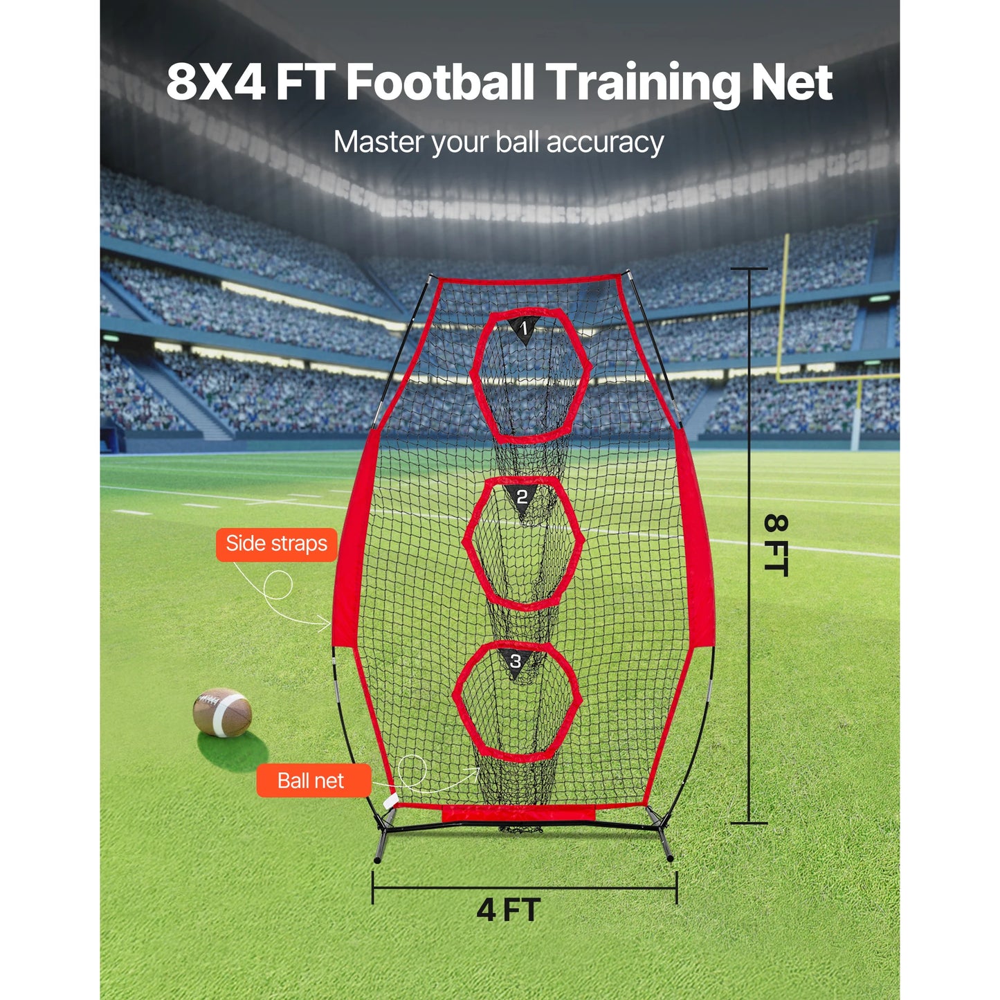 SucceBuy 8 x 4 inch Football Trainer Throwing Net with 5 Target Pockets Knotless Net Includes Straps and Portable Carry Case Red