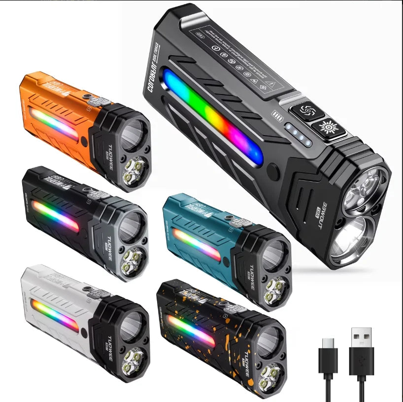 5000LM Rechargeable Magnetic LED Flashlight, 55 Modes, RGB Ambient Light, Spotlight & Floodlight, for Camping Hiking Emergency Use