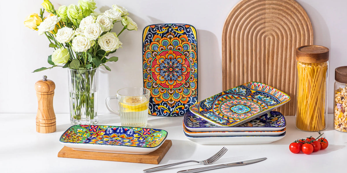 MALACASA Bohemian Rectangular Porcelain Serving Plates for Dinner and Pasta