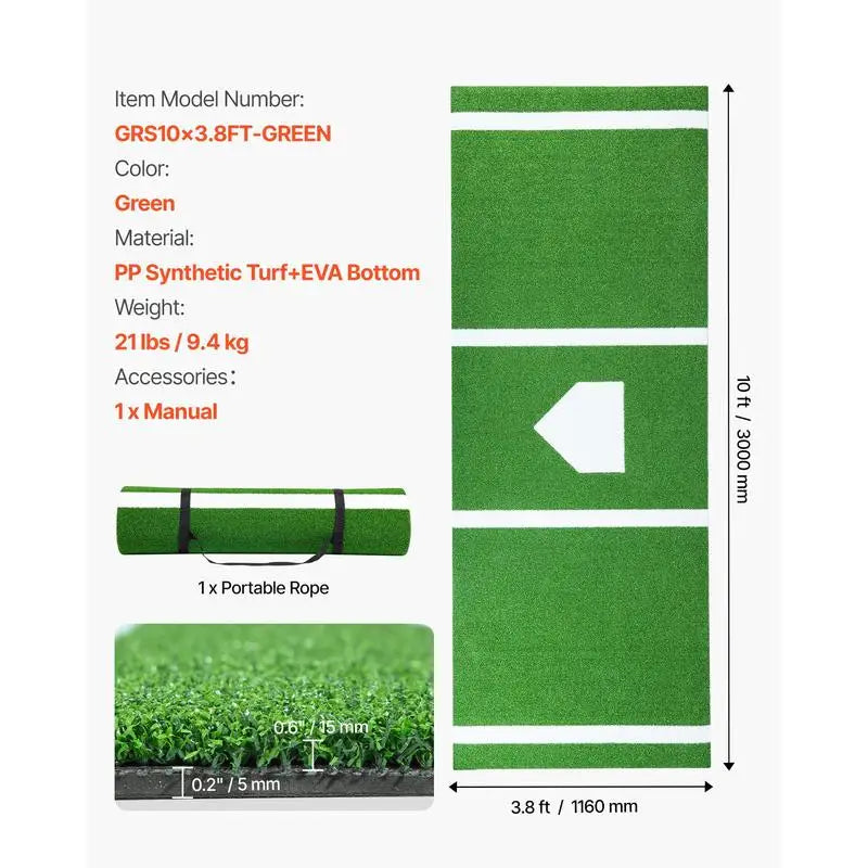 Baseball Softball Hitting Mat 10x3.8 ft For Training Facility Gym Backyard, Lined Foam Backing Portable Practice Aid Tightening Rope Green