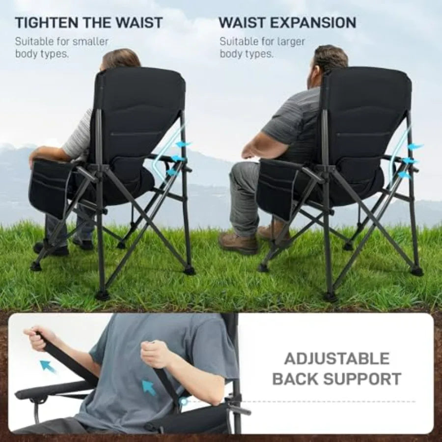 Oversized Folding Camping Chair for Adults with Adjustable Lumbar Support, Heavy Duty Chair with Side Pockets, Portable Collaps