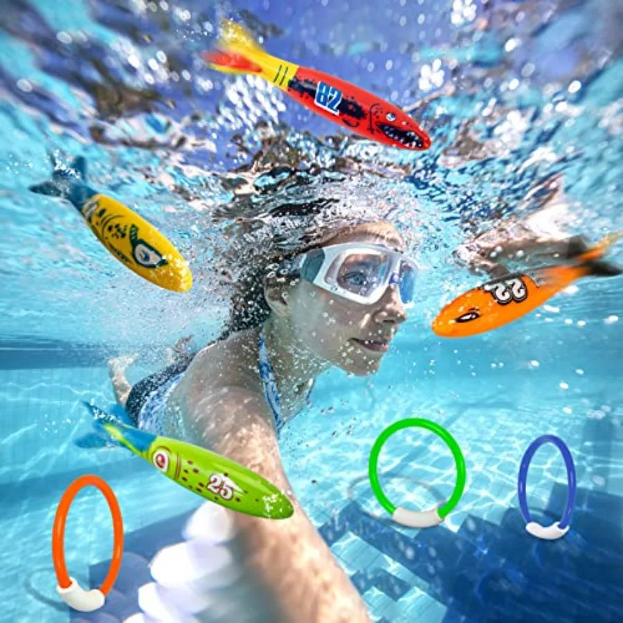 Underwater Pool Diving Toys, 8 Pcs Water Pool Toys for Ages 4-8 8-12 Diving Rings and Pool Torpedo Set Training Dive Rings Swim