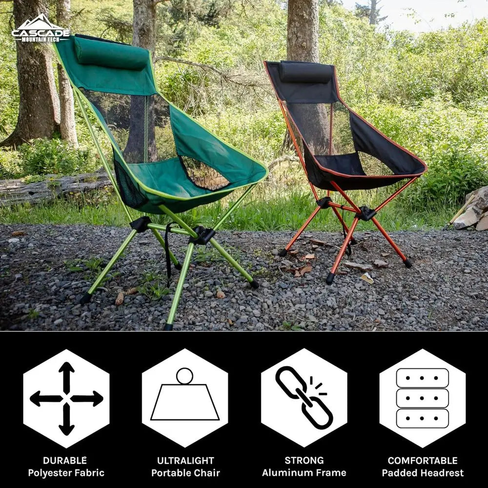 Compact High-Back Outdoor Camp Chair with Side Table and Carry Bag - Black