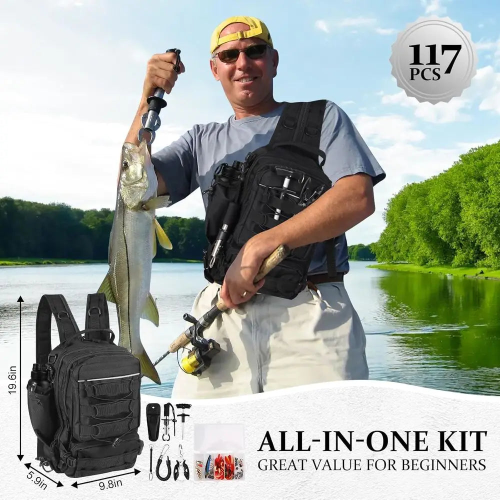 117-Piece Waterproof Fishing Backpack Set with Tackle Box, Tools, Pliers, Hook Remover, and Lip Gripper - Perfect Gift for Fishe