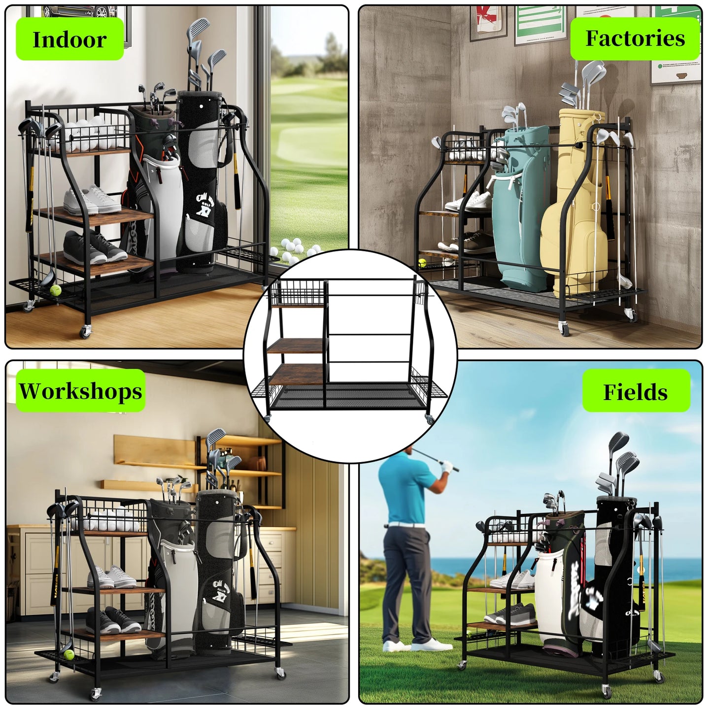 Rolling Golf Bag Storage Rack With Wheels 3-Tier Metal Organizer