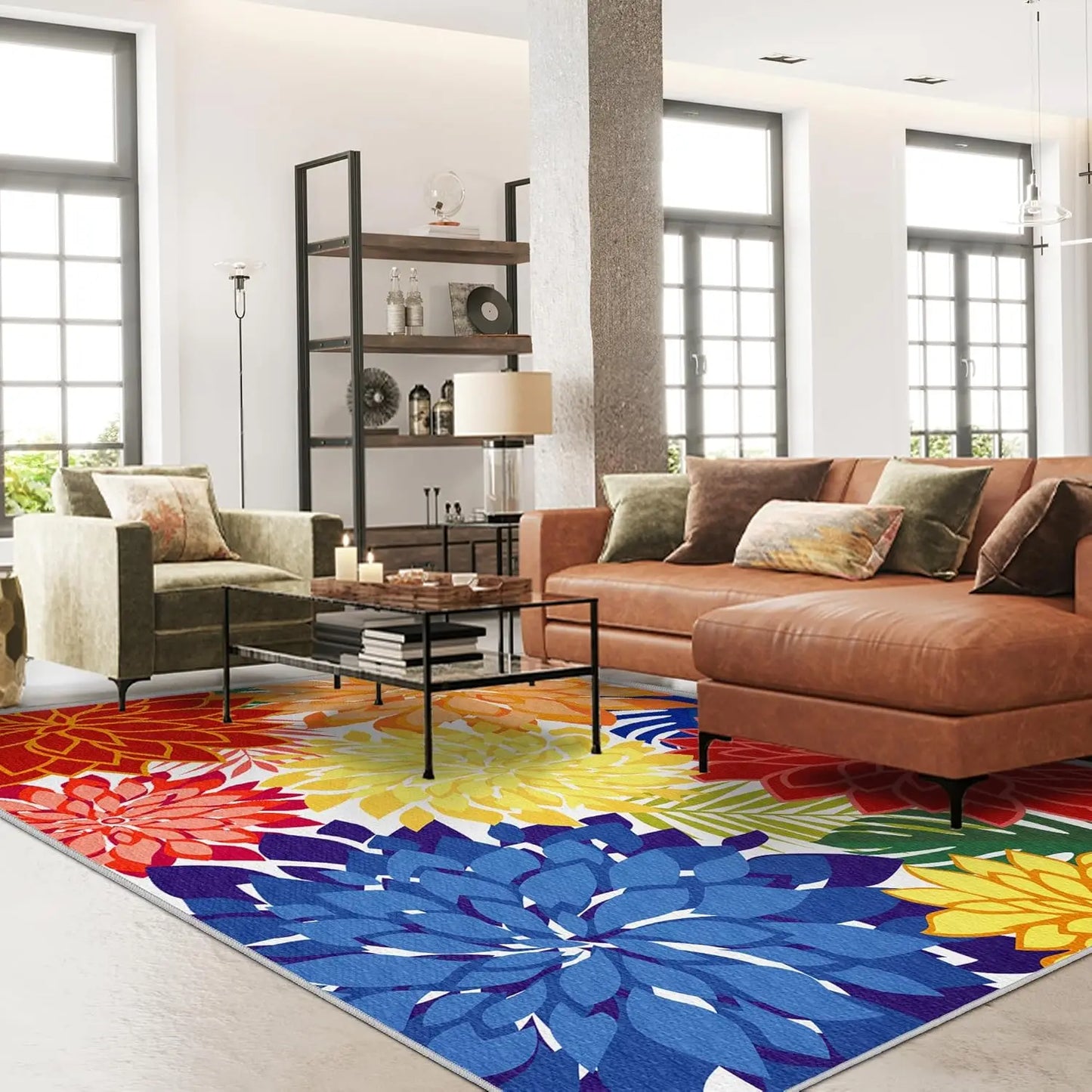 Washable Outdoor Rug Floral Pattern With Non Slip Backing UV Resistant Patio