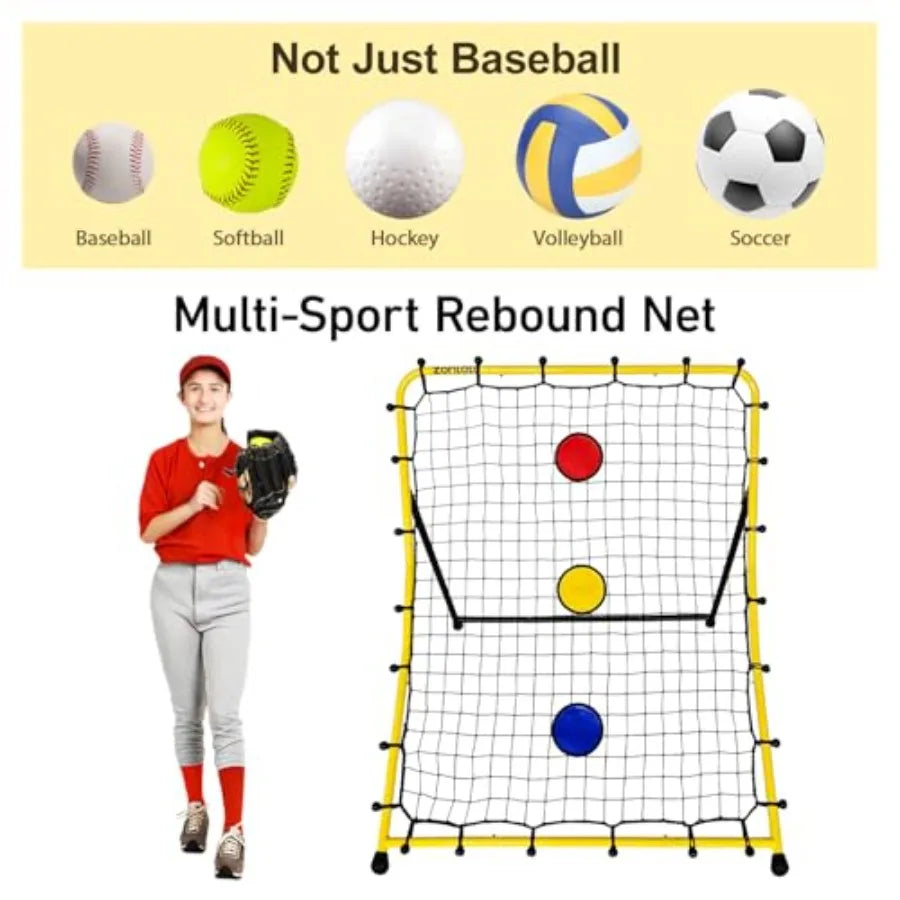Baseball and Softball Rebounder Net with Three Circular Target Zones in Red/Yellow/Blue Portable Pitching Return Trainer Three