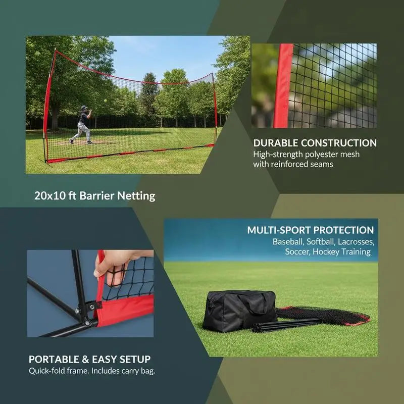 Athletic Barrier Netting 20x10 ft For Backyard Training Field Sport Center, Portable Practice Equipment Carry Bag Heavy Duty Mesh Nylon Material Baseball Softball Lacrosse Soccer Hockey Training Gear Accessory
