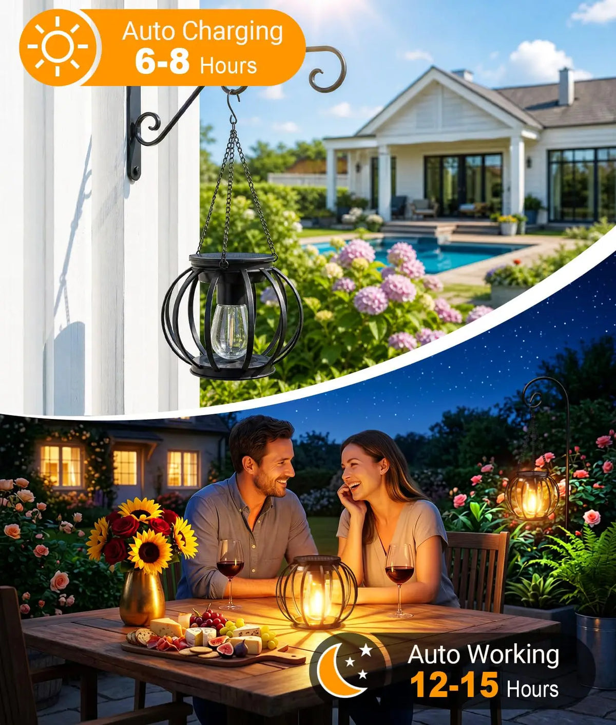 KPSTEK Solar Hanging Lanterns with Automatic LED Lighting for Patios