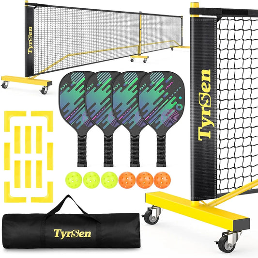 Portable Pickleball Net Set with Wheels, 22FT Regulation Size, Includes 4 Paddles & 6 Balls for Indoor Outdoor Play