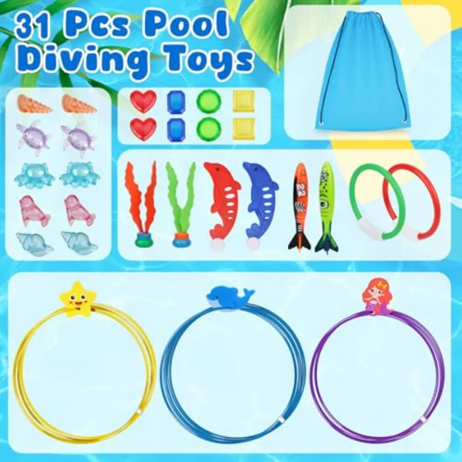 Pool Toys Diving Rings for 31 PCS Underwater Swim Rings and Diving Game Set Fun Pool Game Backyard Summer Water Toys for Birthd