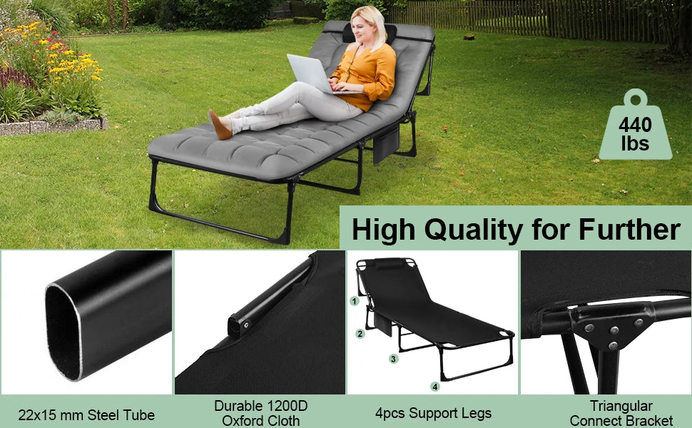 Portable Folding Camping Cot With 3 Position Reclining Lounge Chair