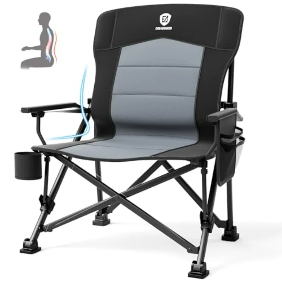 Oversized Folding Camping Chair for Adults with Adjustable Lumbar Support, Heavy Duty Chair with Side Pockets, Portable Collaps