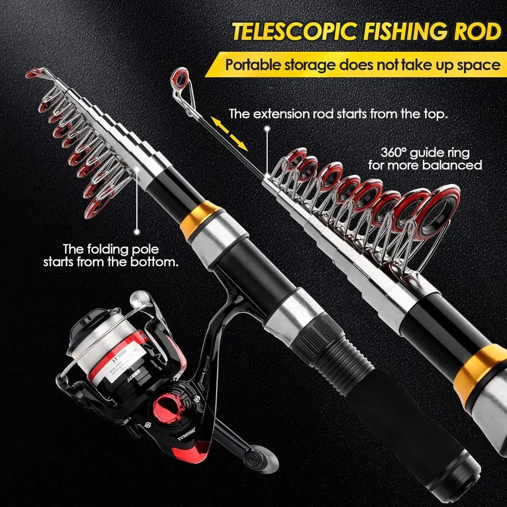 Collapsible 2-Piece 6.89FT Telescopic Fishing Rod Set with Spinning Reel, Lures, and Bag - Ideal for Saltwater & Freshwater Fish