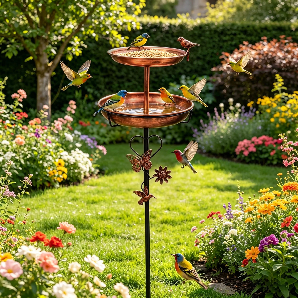 Double Layer Metal Bird Bath Stand with Five Prong Base