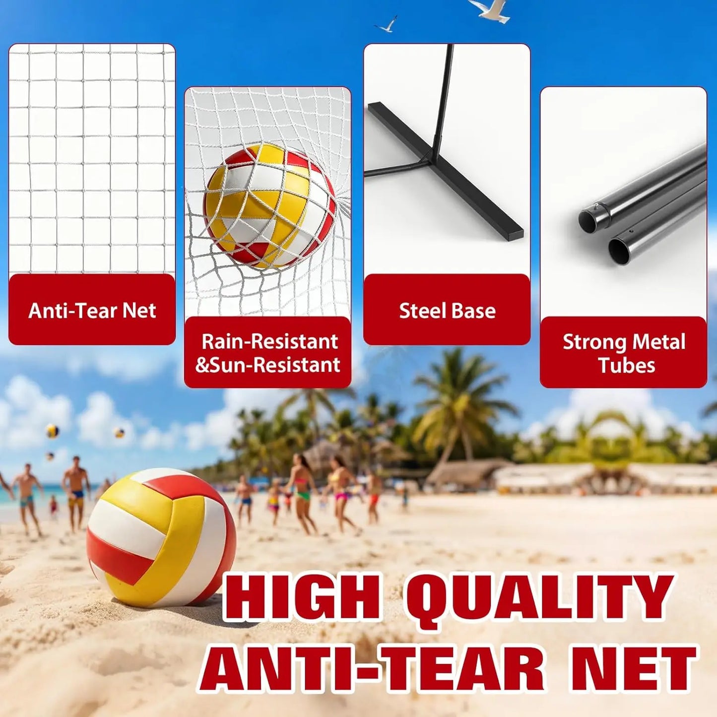 12FT Adjustable Volleyball Net Portable Freestanding Quick Setup Fiberglass Poles Regulation Height Backyard Beach Indoor